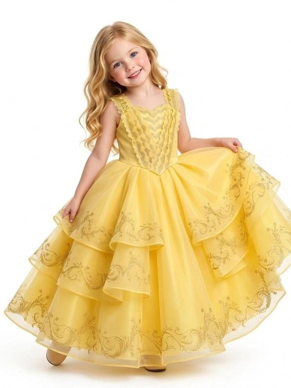 Girls Belle Inspired Yellow Princess Dress Tiered Ball Costume Dress (Size 7)
